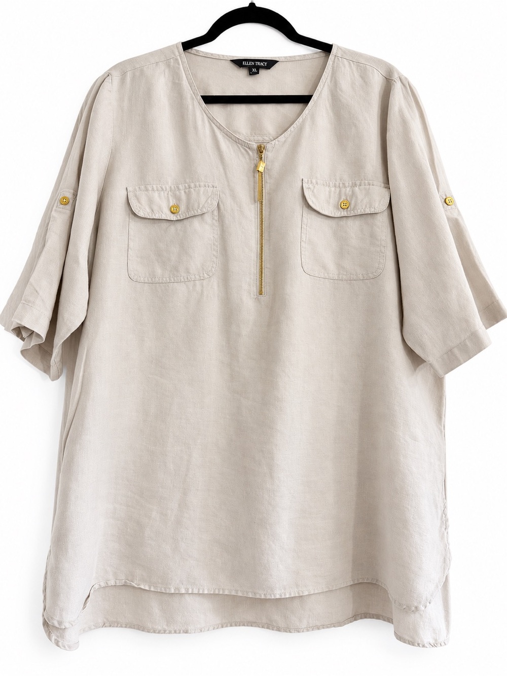 Ellen Tracy Light Beige Linen-Blend Short Sleeve Shirt with Gold Zip